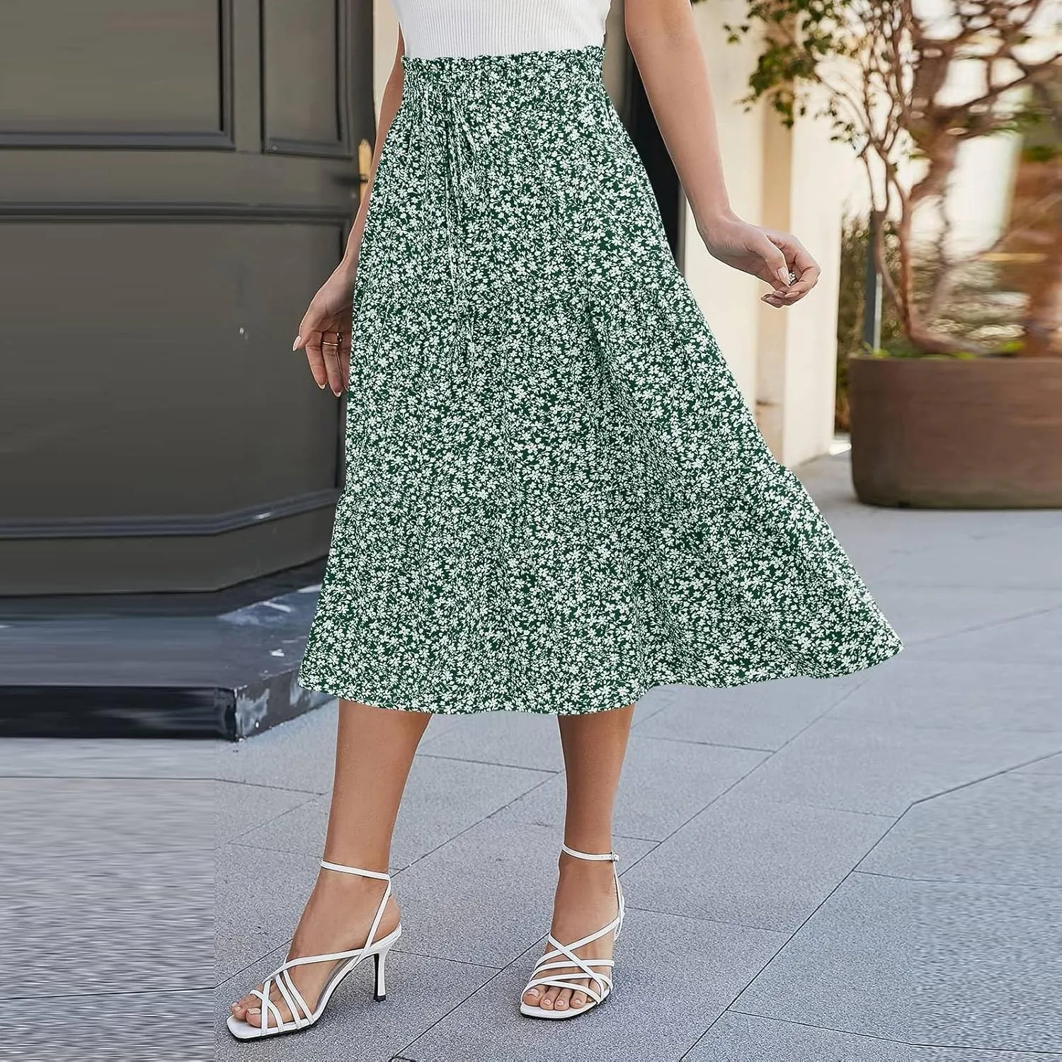Long Skirts for Women Floral Drawstring Boho Tiered Maxi Skirt Beach A Line Midi Skirt Summer Bohemian Skirts