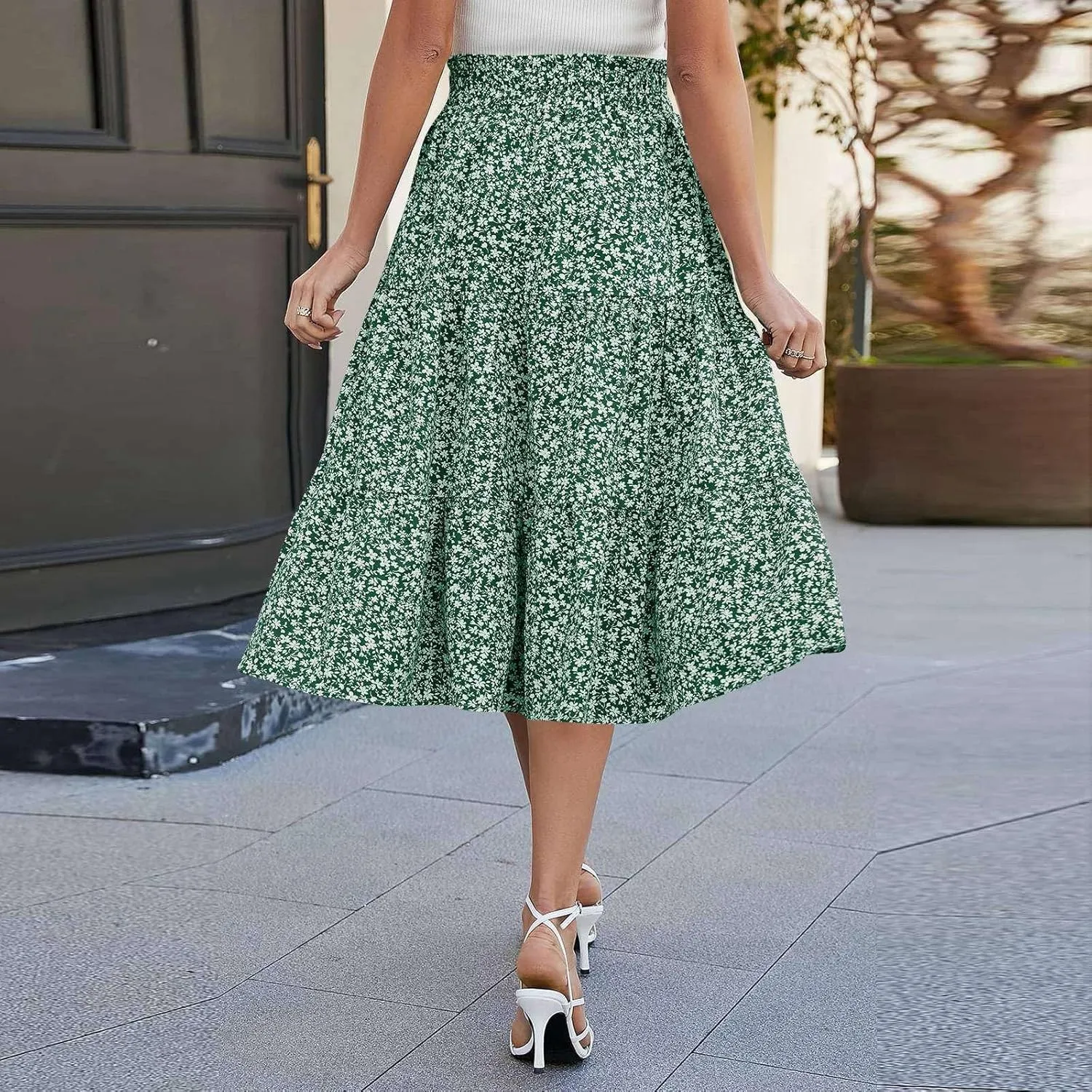 Long Skirts for Women Floral Drawstring Boho Tiered Maxi Skirt Beach A Line Midi Skirt Summer Bohemian Skirts