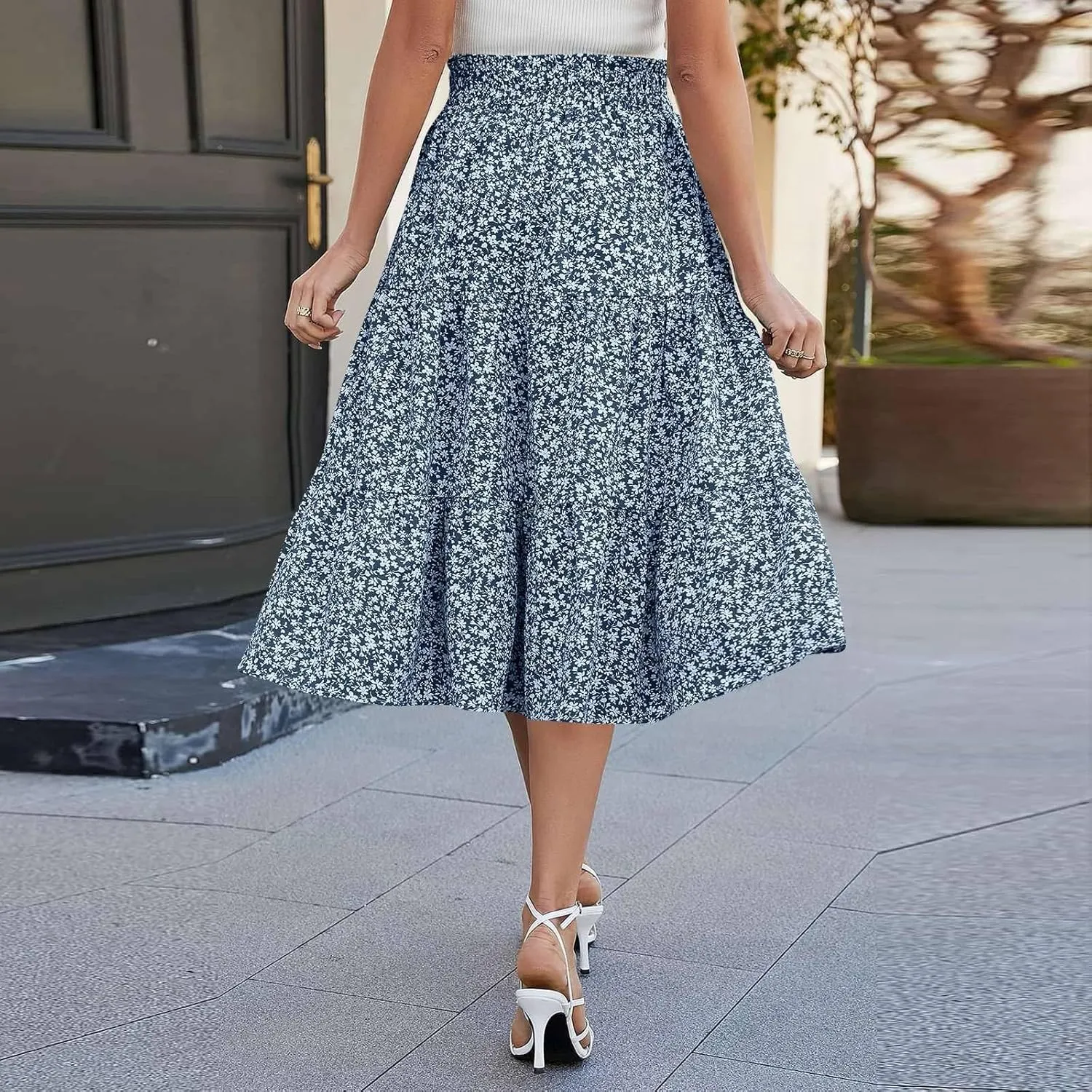 Long Skirts for Women Floral Drawstring Boho Tiered Maxi Skirt Beach A Line Midi Skirt Summer Bohemian Skirts
