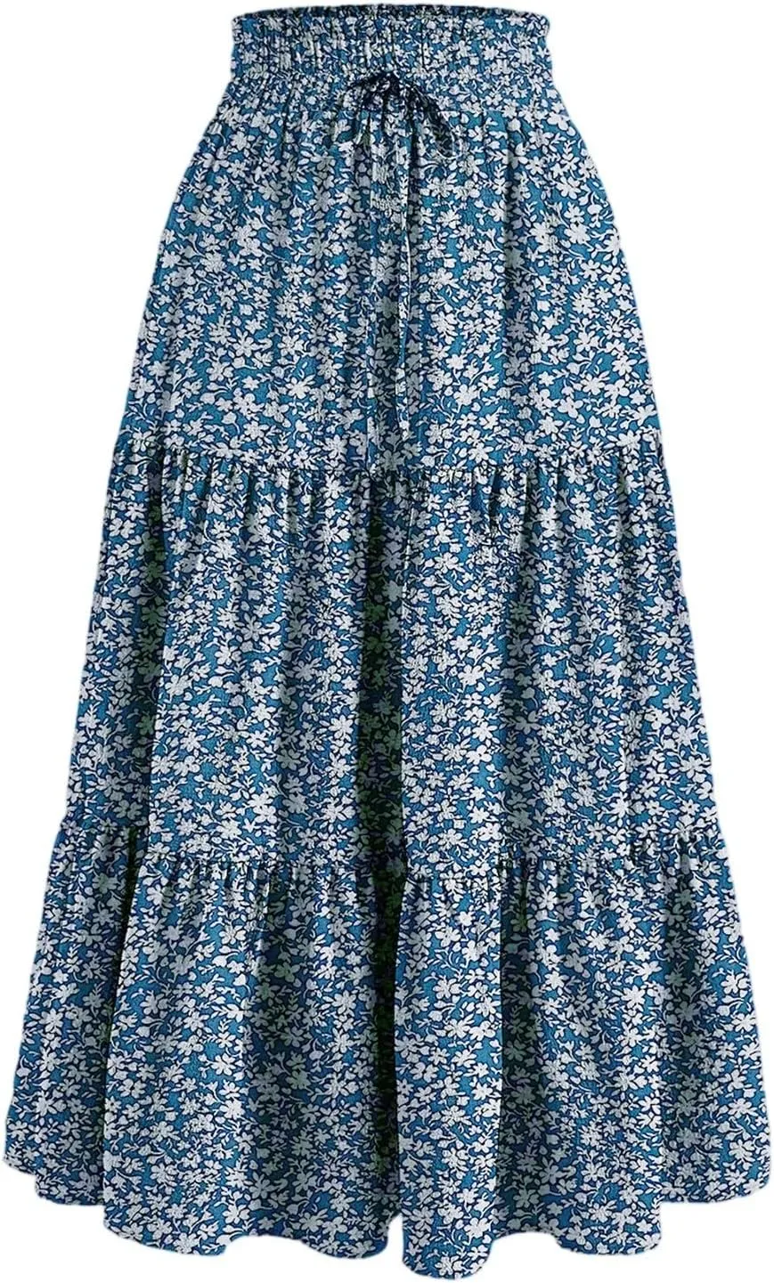 Long Skirts for Women Floral Drawstring Boho Tiered Maxi Skirt Beach A Line Midi Skirt Summer Bohemian Skirts