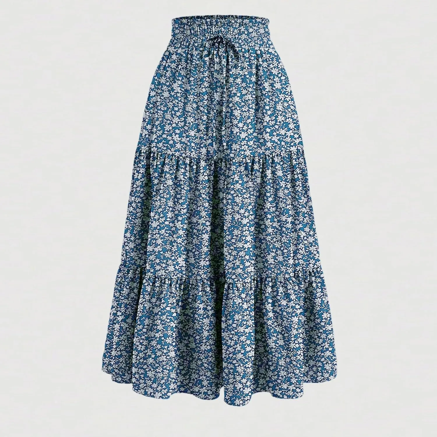 Long Skirts for Women Floral Drawstring Boho Tiered Maxi Skirt Beach A Line Midi Skirt Summer Bohemian Skirts