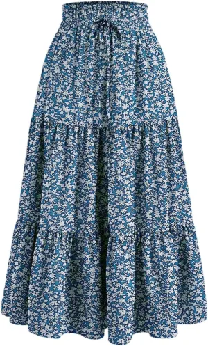 Long Skirts for Women Floral Drawstring Boho Tiered Maxi Skirt Beach A Line Midi Skirt Summer Bohemian Skirts