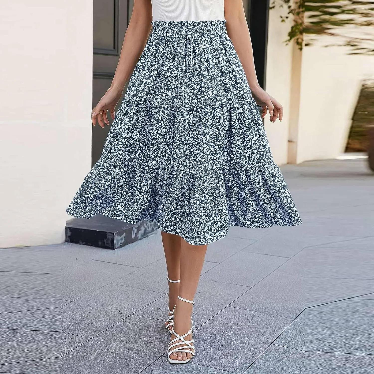 Long Skirts for Women Floral Drawstring Boho Tiered Maxi Skirt Beach A Line Midi Skirt Summer Bohemian Skirts