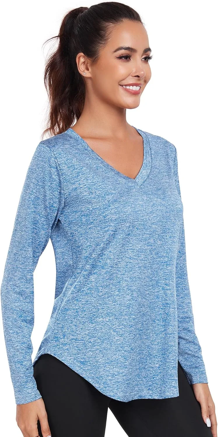 Long Sleeve Athletic Hiking Running Workout Tops for Women, V-Neck Exercise T-Shirt, Dry Fit Yoga Gym Sport Tops