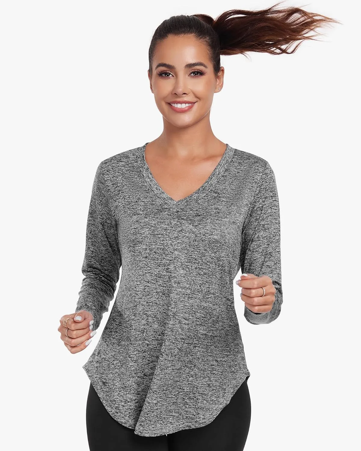 Long Sleeve Athletic Hiking Running Workout Tops for Women, V-Neck Exercise T-Shirt, Dry Fit Yoga Gym Sport Tops