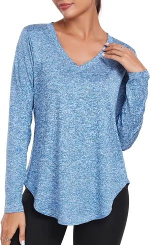Long Sleeve Athletic Hiking Running Workout Tops for Women, V-Neck Exercise T-Shirt, Dry Fit Yoga Gym Sport Tops