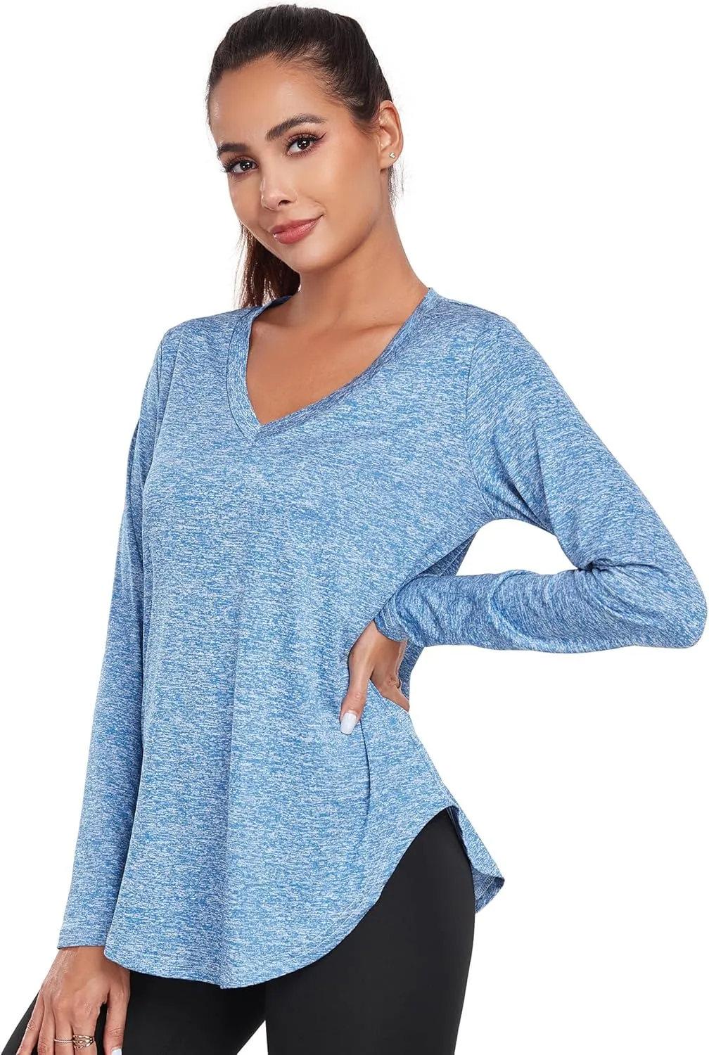 Long Sleeve Athletic Hiking Running Workout Tops for Women, V-Neck Exercise T-Shirt, Dry Fit Yoga Gym Sport Tops