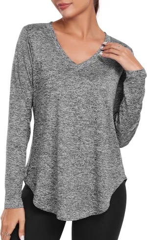 Long Sleeve Athletic Hiking Running Workout Tops for Women, V-Neck Exercise T-Shirt, Dry Fit Yoga Gym Sport Tops