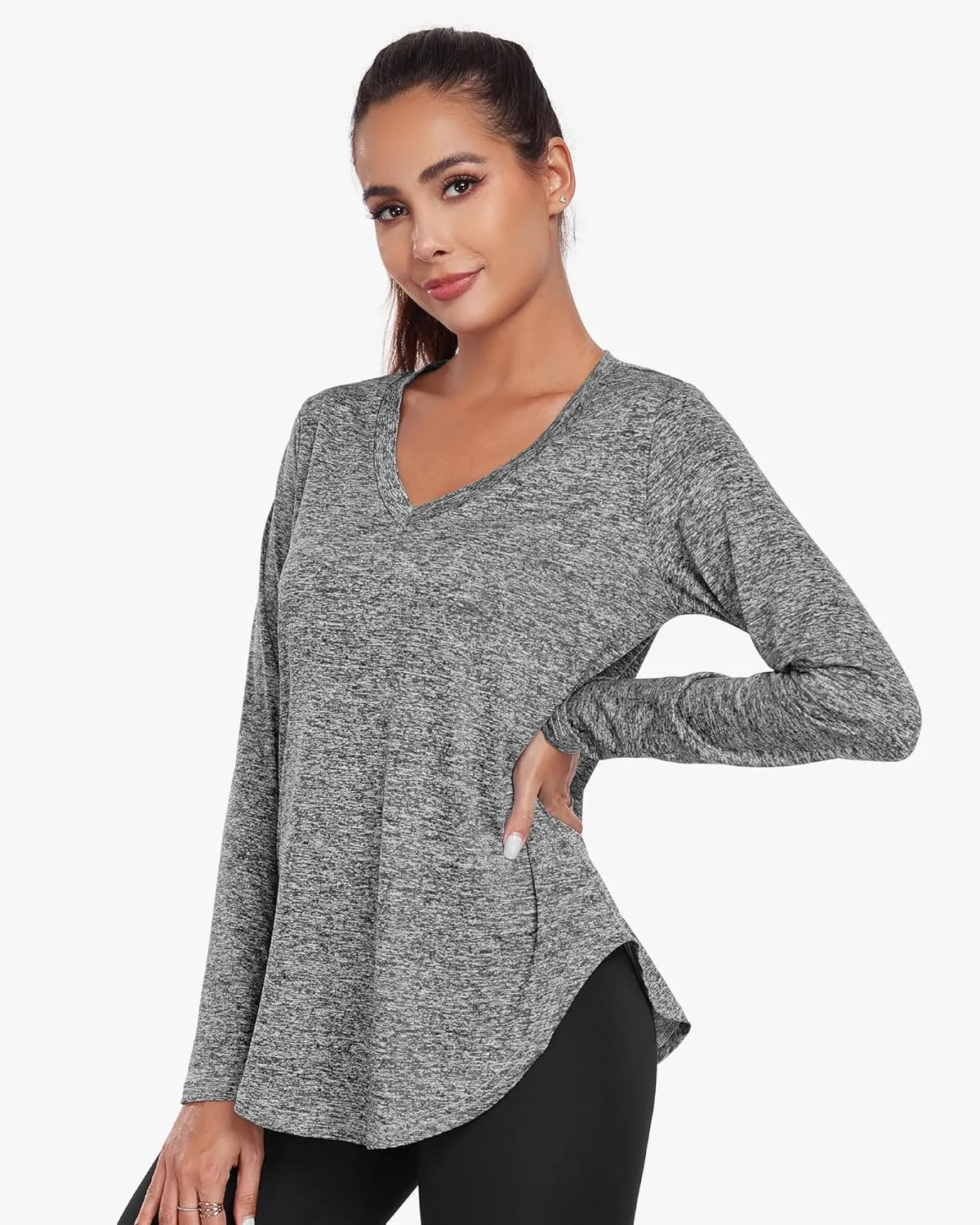 Long Sleeve Athletic Hiking Running Workout Tops for Women, V-Neck Exercise T-Shirt, Dry Fit Yoga Gym Sport Tops
