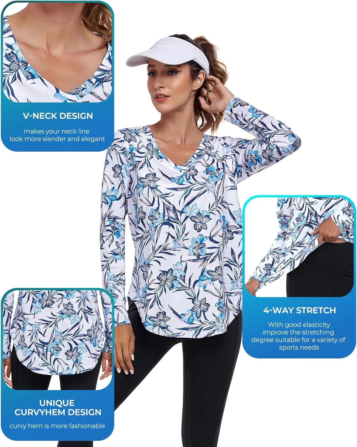 Long Sleeve Athletic Hiking Running Workout Tops for Women, V-Neck Exercise T-Shirt, Dry Fit Yoga Gym Sport Tops