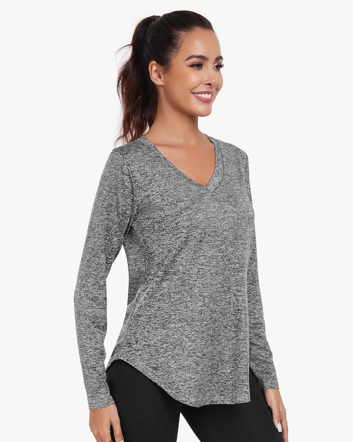 Long Sleeve Athletic Hiking Running Workout Tops for Women, V-Neck Exercise T-Shirt, Dry Fit Yoga Gym Sport Tops