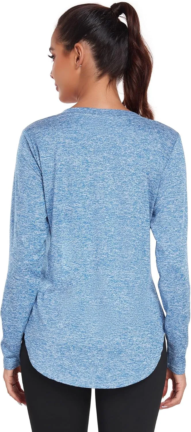 Long Sleeve Athletic Hiking Running Workout Tops for Women, V-Neck Exercise T-Shirt, Dry Fit Yoga Gym Sport Tops