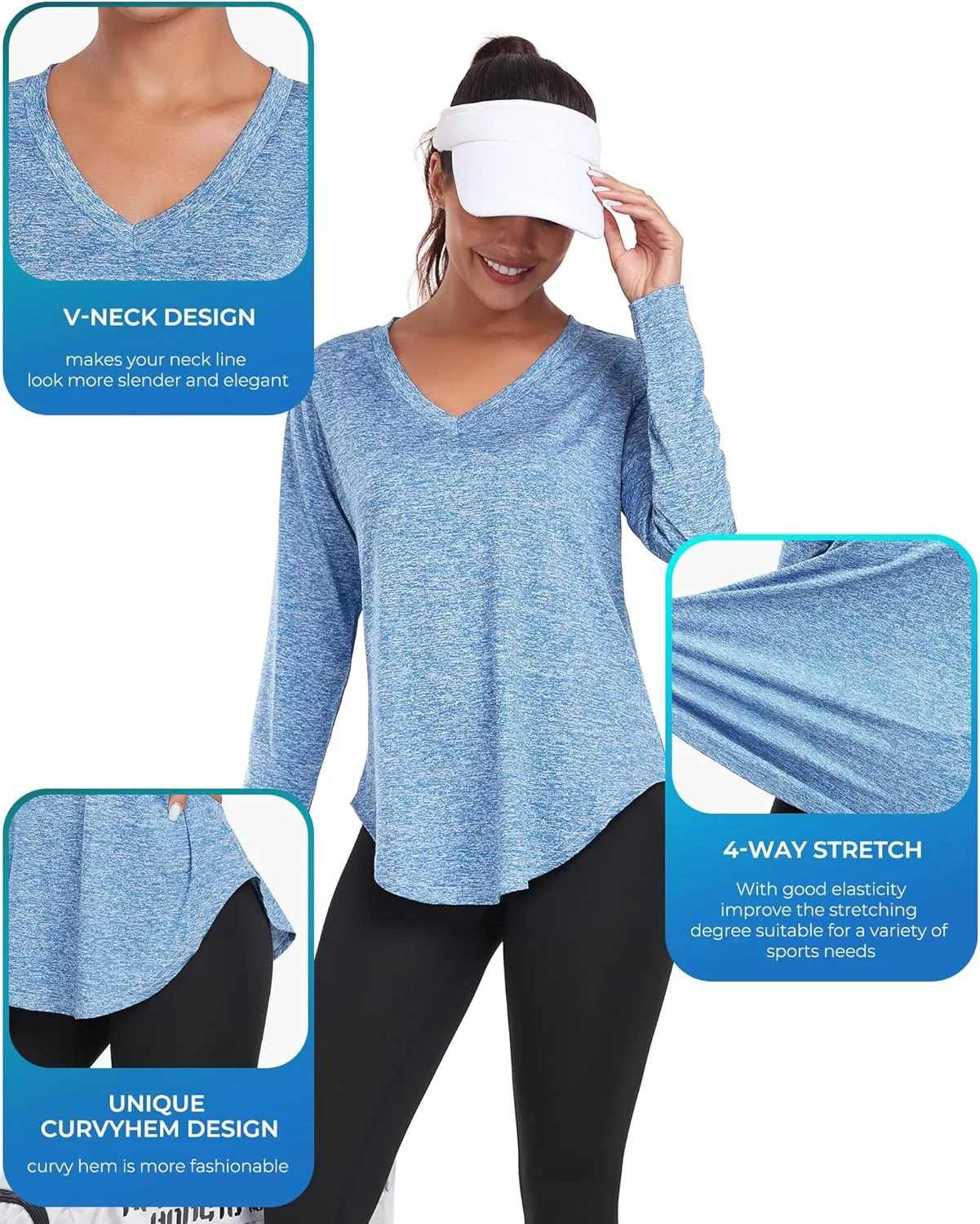 Long Sleeve Athletic Hiking Running Workout Tops for Women, V-Neck Exercise T-Shirt, Dry Fit Yoga Gym Sport Tops