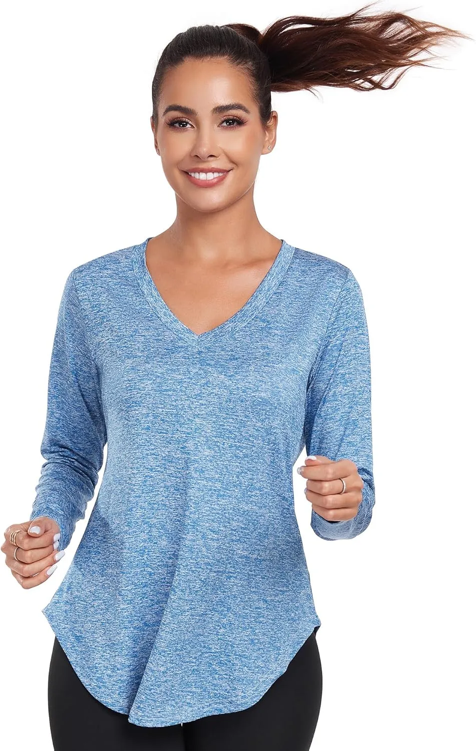 Long Sleeve Athletic Hiking Running Workout Tops for Women, V-Neck Exercise T-Shirt, Dry Fit Yoga Gym Sport Tops