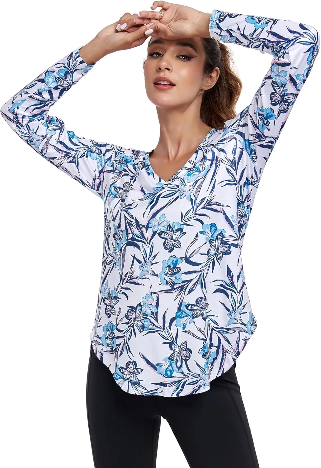 Long Sleeve Athletic Hiking Running Workout Tops for Women, V-Neck Exercise T-Shirt, Dry Fit Yoga Gym Sport Tops