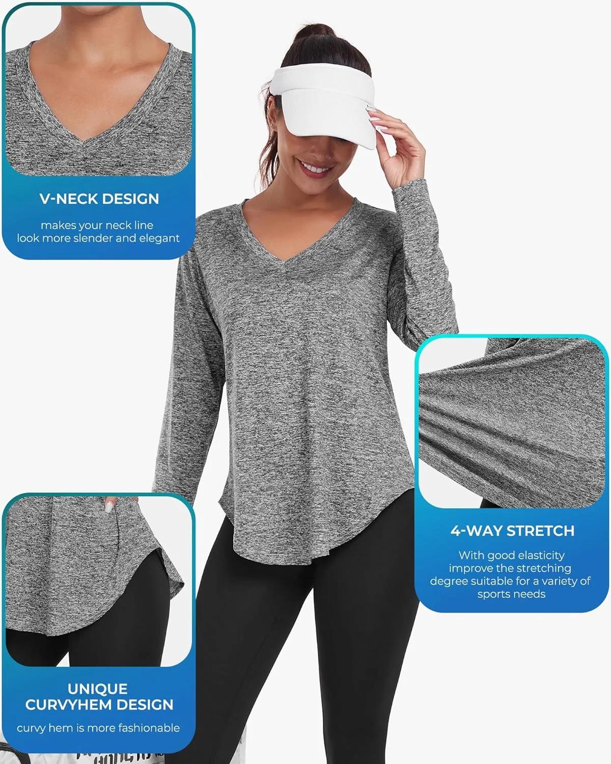 Long Sleeve Athletic Hiking Running Workout Tops for Women, V-Neck Exercise T-Shirt, Dry Fit Yoga Gym Sport Tops