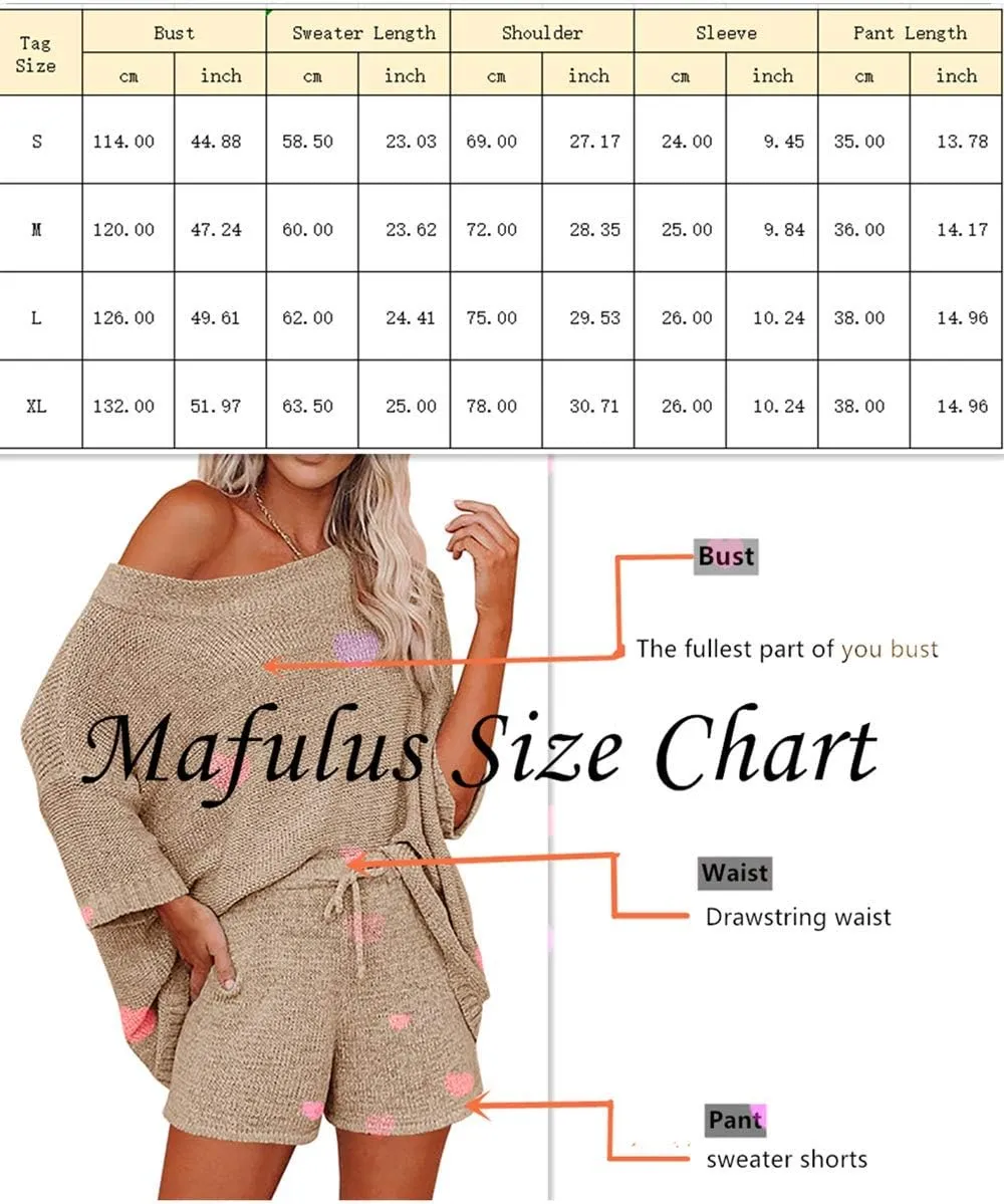 Mafulus Women's 2 Piece Outfits Sweater Sets Off Shoulder Knit Top Shorts Matching Suits Cute Pajama Lounge Set