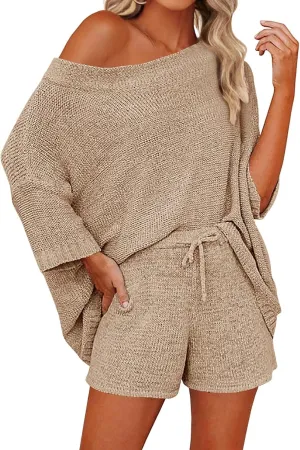 Mafulus Women's 2 Piece Outfits Sweater Sets Off Shoulder Knit Top Shorts Matching Suits Cute Pajama Lounge Set