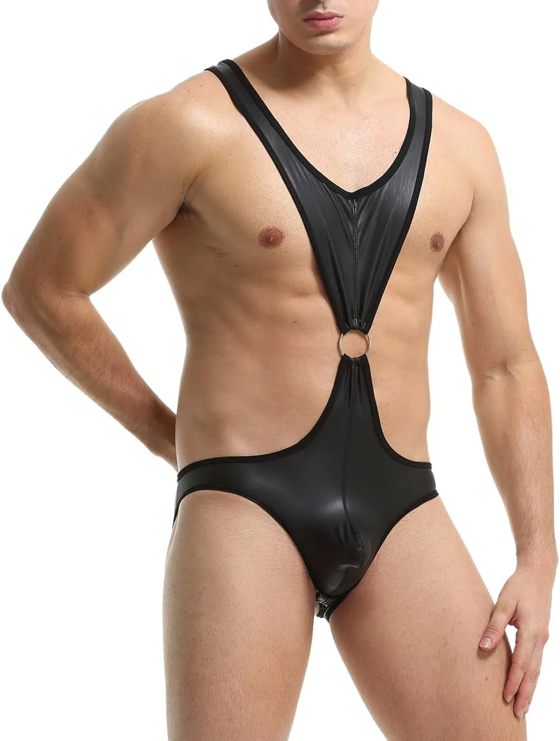 Male Sexy Imitation Lacquer Leather Ring Underwear Briefs Suspender Thong Stylish Bikini Mens Exotic Shorts