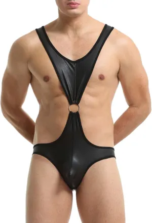 Male Sexy Imitation Lacquer Leather Ring Underwear Briefs Suspender Thong Stylish Bikini Mens Exotic Shorts