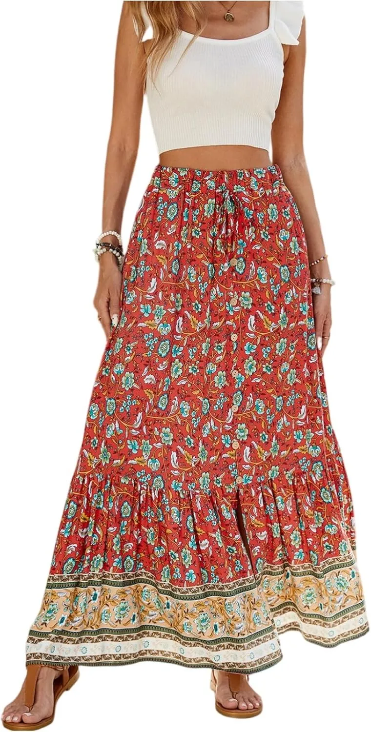 Maxi Skirts for Women Floral Boho Tiered Long Skirt Drawstring Beach A Line Midi Skirt Summer Bohemian Skirts