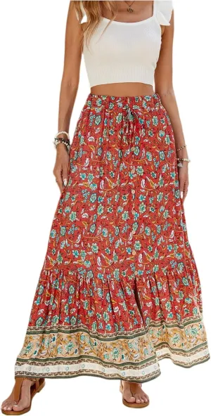 Maxi Skirts for Women Floral Boho Tiered Long Skirt Drawstring Beach A Line Midi Skirt Summer Bohemian Skirts