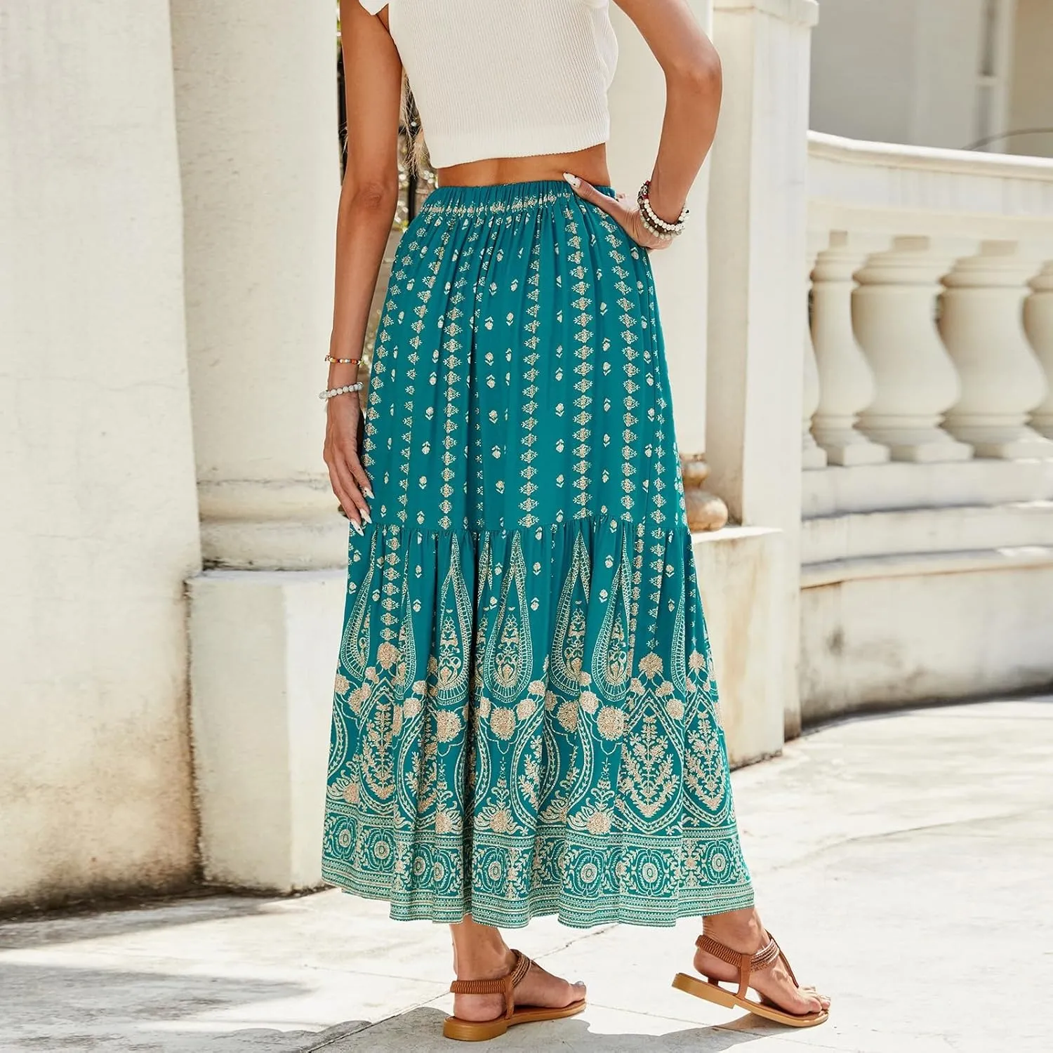 Maxi Skirts for Women Floral Boho Tiered Long Skirt Drawstring Beach A Line Midi Skirt Summer Bohemian Skirts