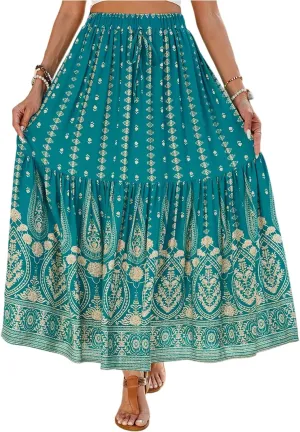 Maxi Skirts for Women Floral Boho Tiered Long Skirt Drawstring Beach A Line Midi Skirt Summer Bohemian Skirts
