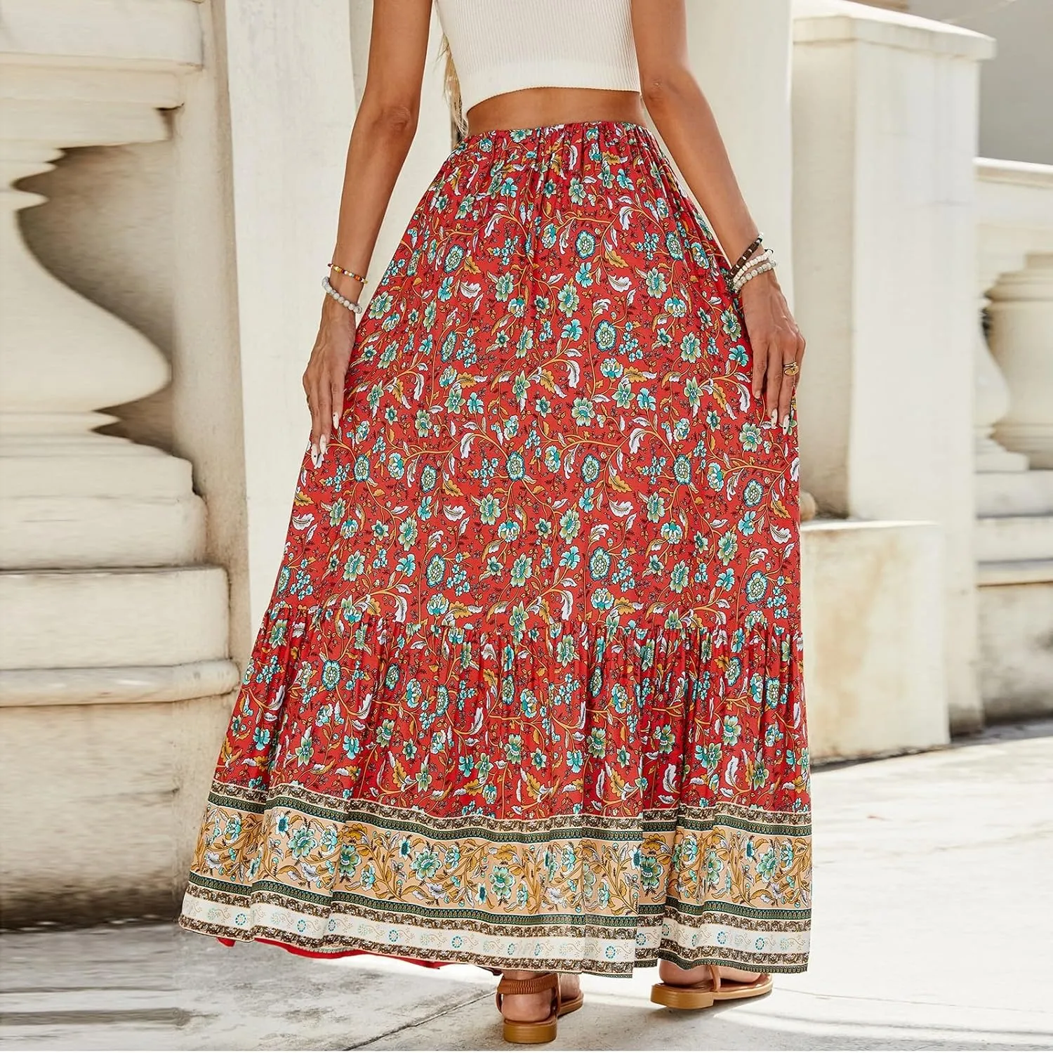 Maxi Skirts for Women Floral Boho Tiered Long Skirt Drawstring Beach A Line Midi Skirt Summer Bohemian Skirts
