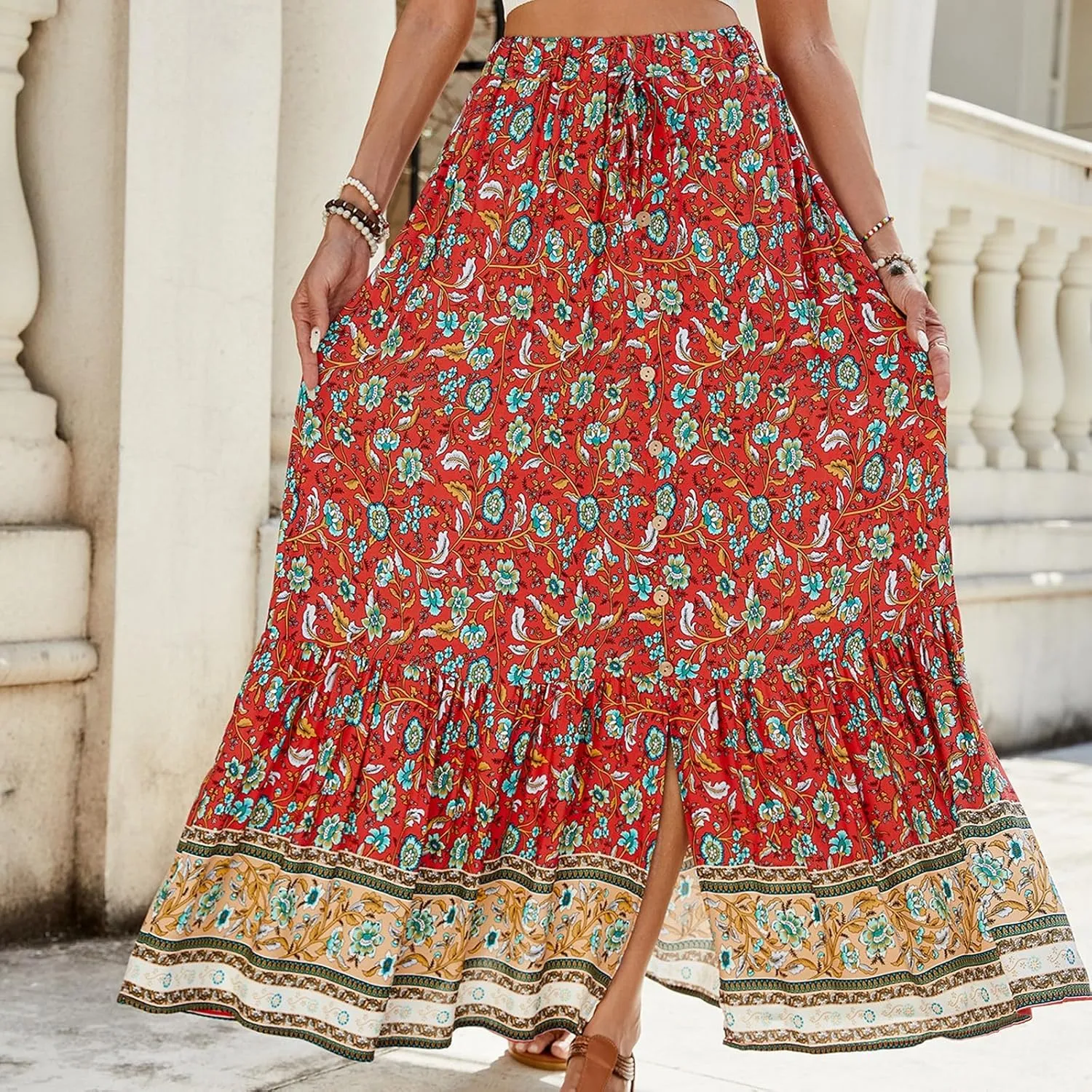 Maxi Skirts for Women Floral Boho Tiered Long Skirt Drawstring Beach A Line Midi Skirt Summer Bohemian Skirts
