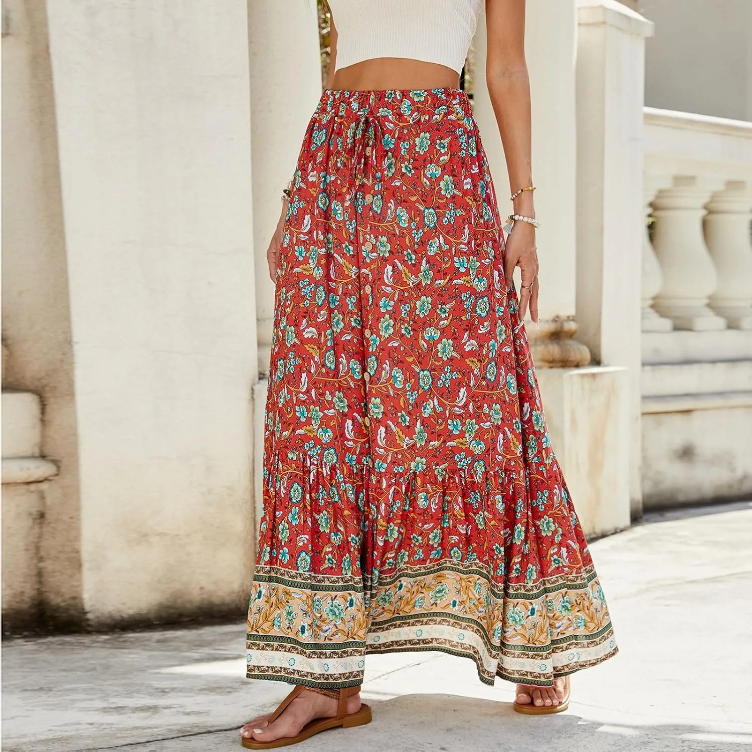 Maxi Skirts for Women Floral Boho Tiered Long Skirt Drawstring Beach A Line Midi Skirt Summer Bohemian Skirts