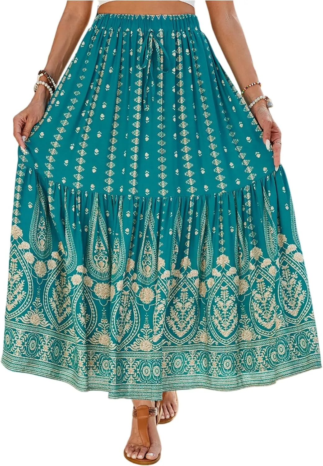 Maxi Skirts for Women Floral Boho Tiered Long Skirt Drawstring Beach A Line Midi Skirt Summer Bohemian Skirts