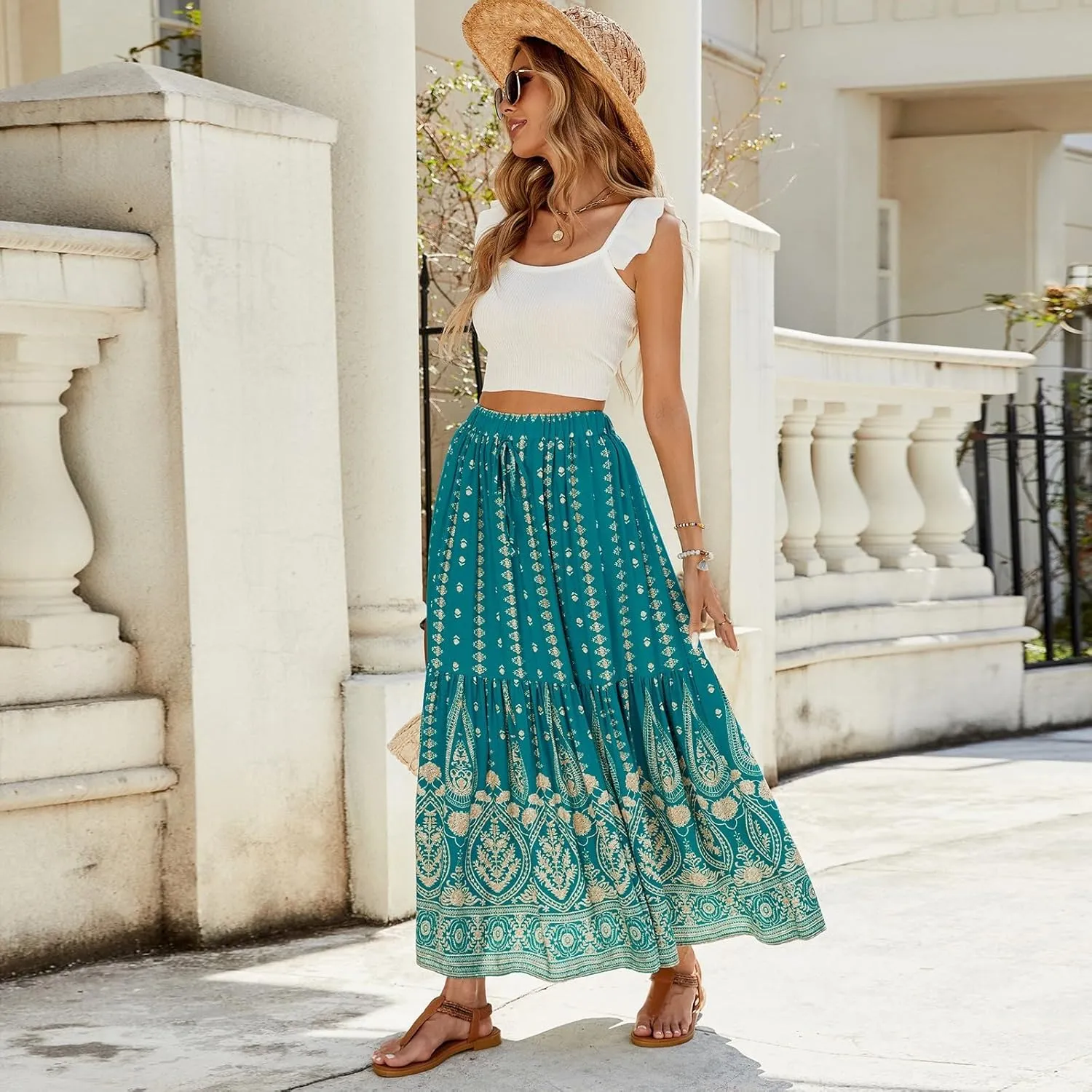 Maxi Skirts for Women Floral Boho Tiered Long Skirt Drawstring Beach A Line Midi Skirt Summer Bohemian Skirts