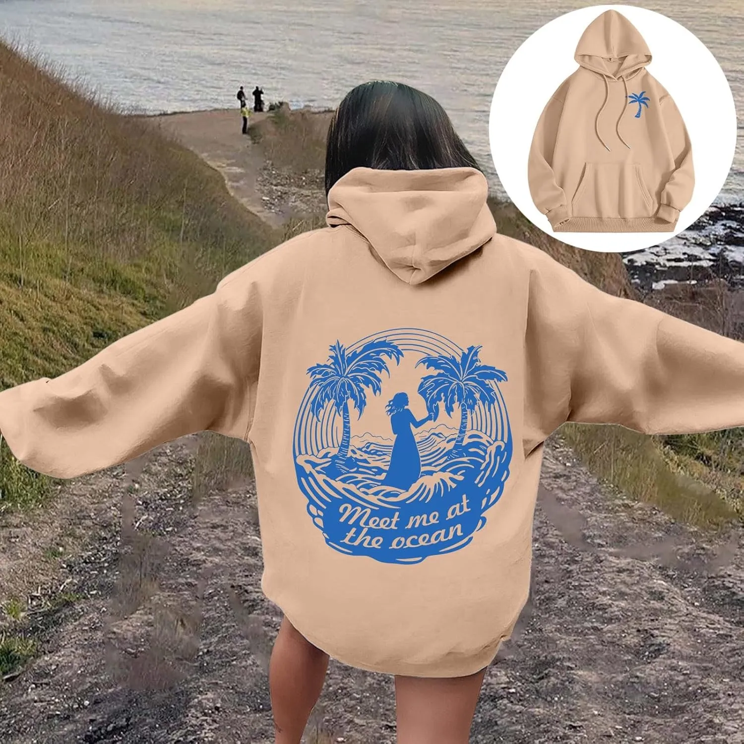 Meet Me at The Ocean Oversized Hoodies for Women Casual Drawstring Sweatshirt Fashion Long Sleeve Pullover