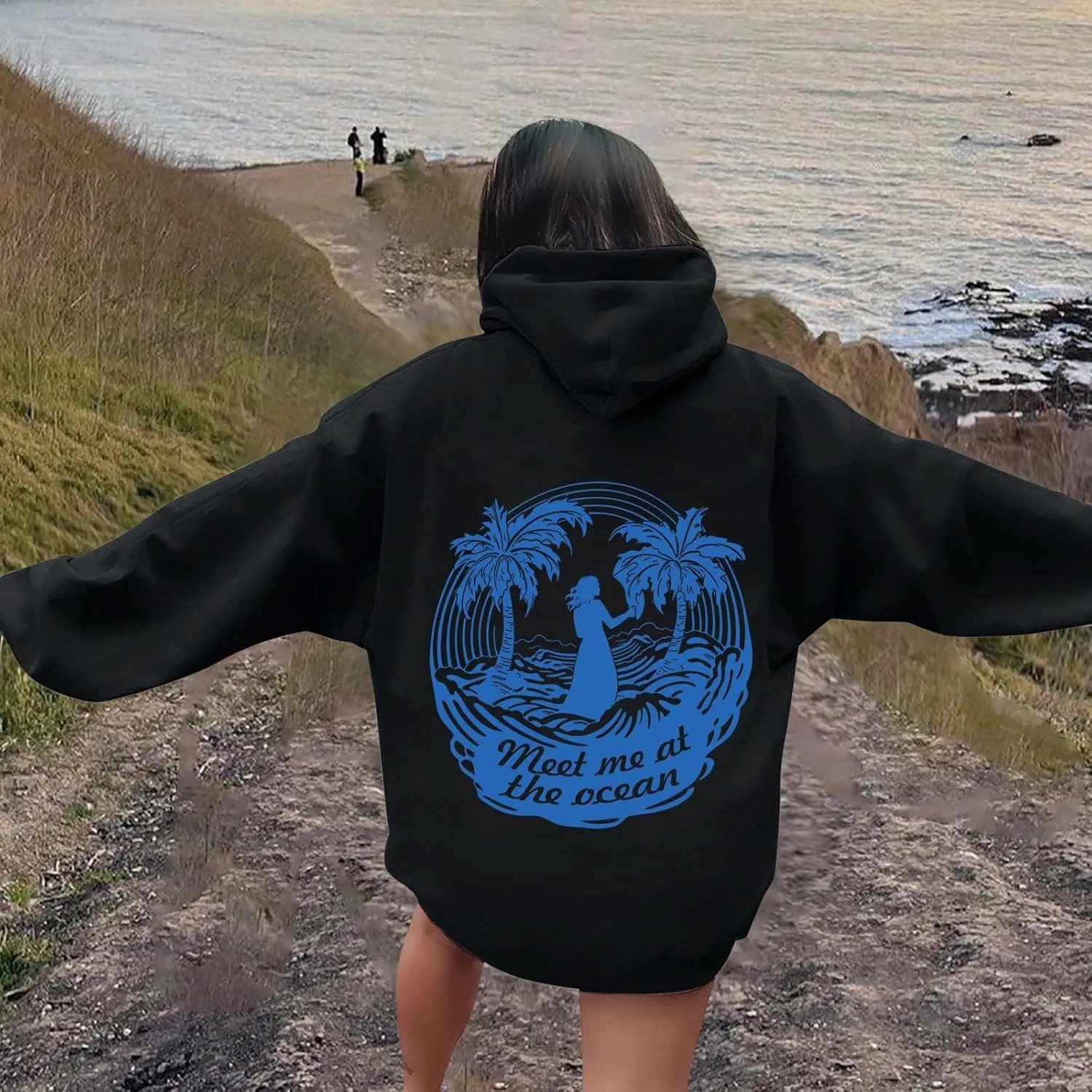 Meet Me at The Ocean Oversized Hoodies for Women Casual Drawstring Sweatshirt Fashion Long Sleeve Pullover
