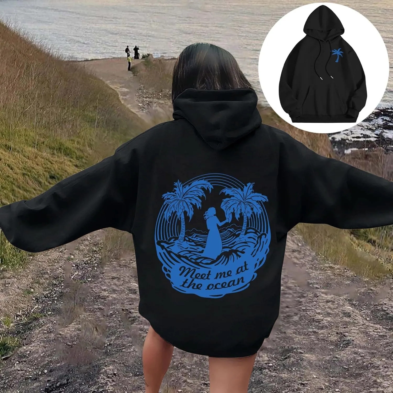 Meet Me at The Ocean Oversized Hoodies for Women Casual Drawstring Sweatshirt Fashion Long Sleeve Pullover