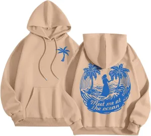 Meet Me at The Ocean Oversized Hoodies for Women Casual Drawstring Sweatshirt Fashion Long Sleeve Pullover