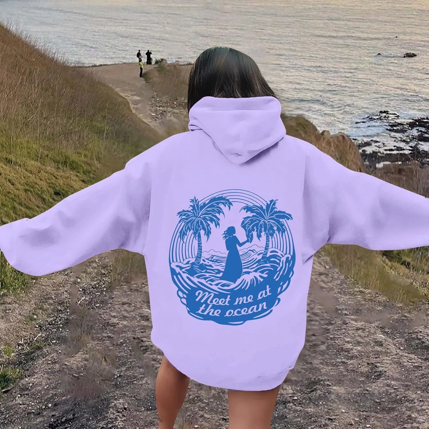 Meet Me at The Ocean Oversized Hoodies for Women Casual Drawstring Sweatshirt Fashion Long Sleeve Pullover