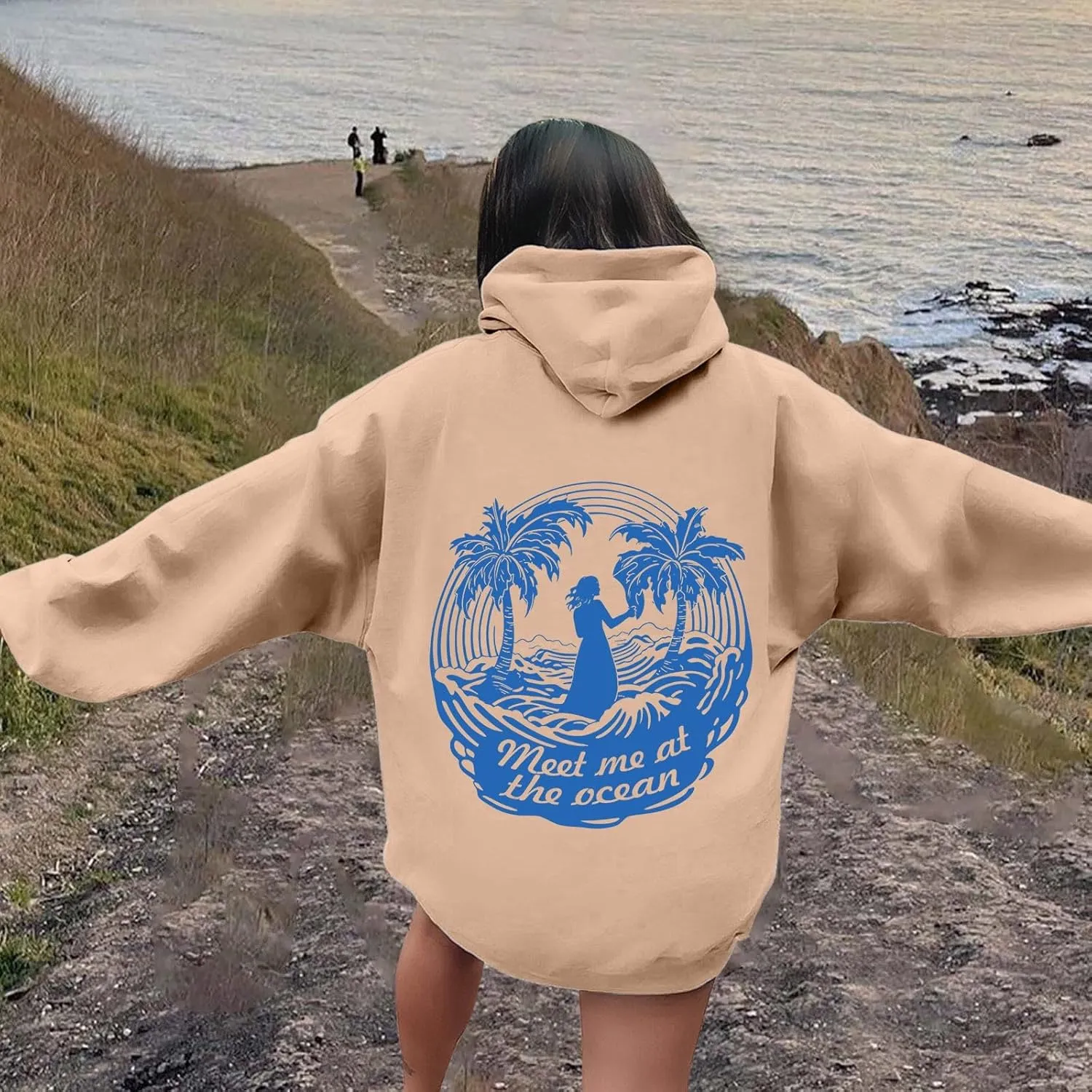 Meet Me at The Ocean Oversized Hoodies for Women Casual Drawstring Sweatshirt Fashion Long Sleeve Pullover