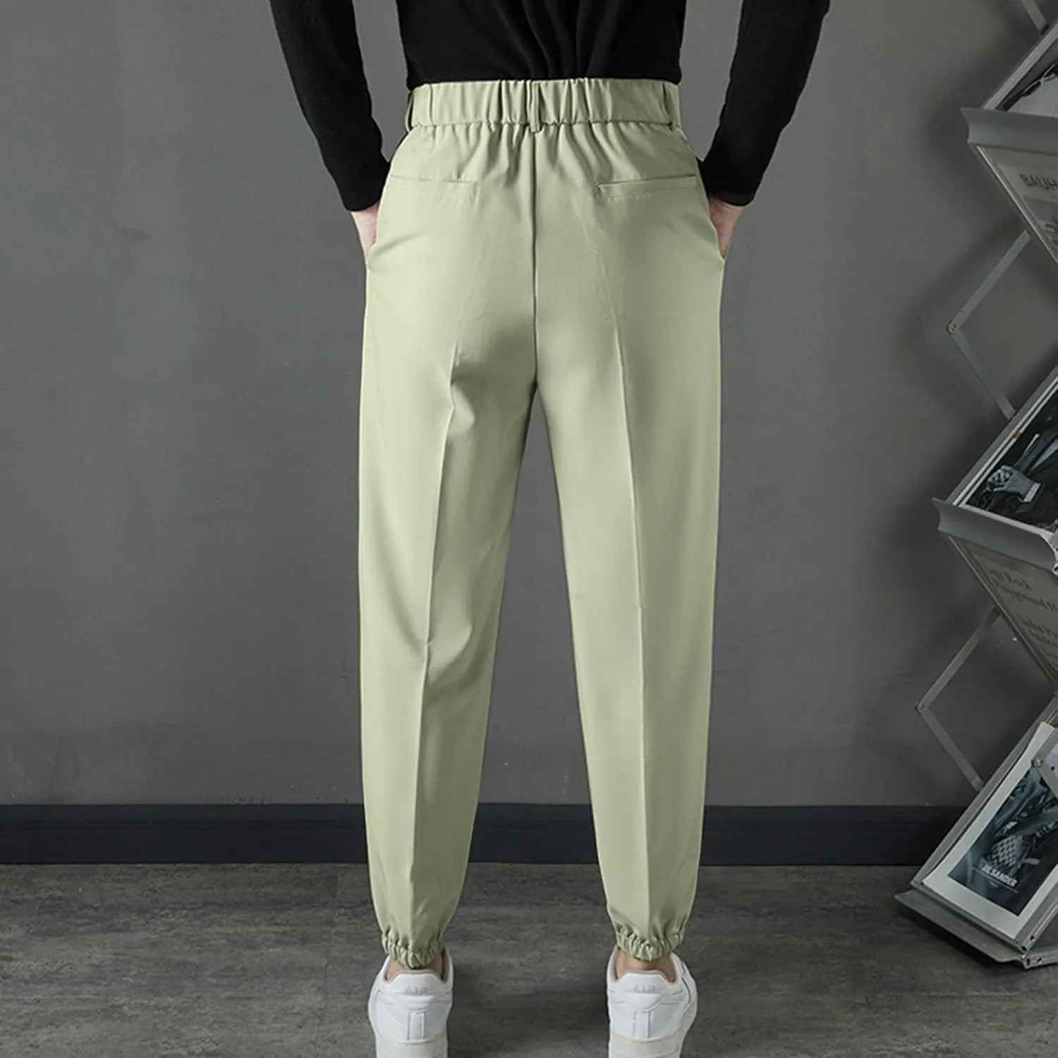 Mens Pants Casual Stylish Elastic Waist Flat Front Dress Suit Pant Loose Lightweight Cinch Bottom Trouser with Pocket