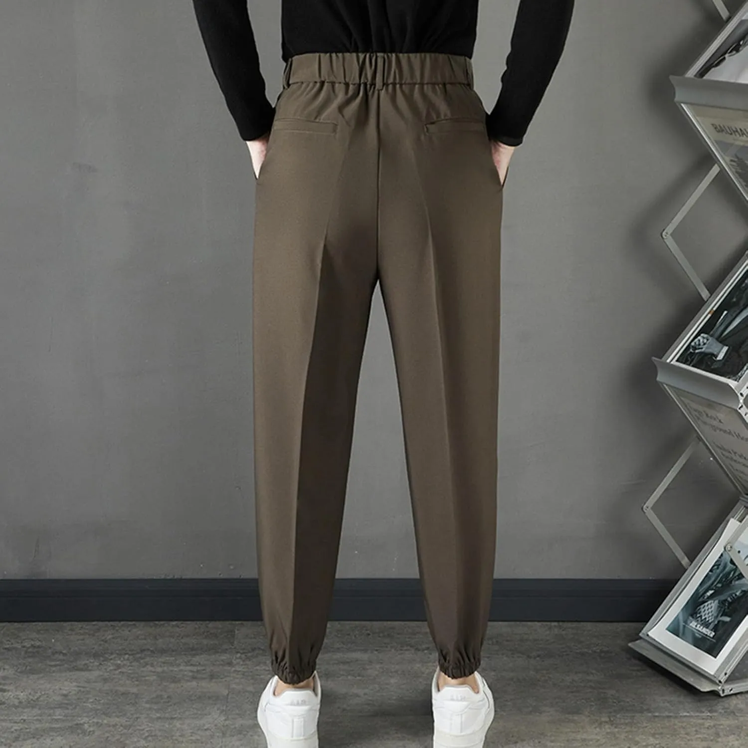 Mens Pants Casual Stylish Elastic Waist Flat Front Dress Suit Pant Loose Lightweight Cinch Bottom Trouser with Pocket