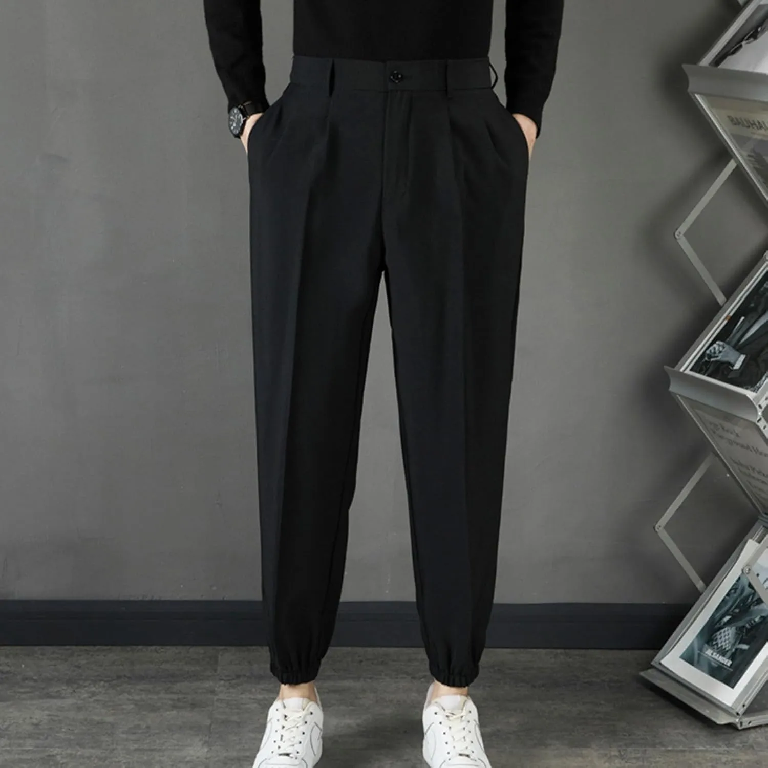 Mens Pants Casual Stylish Elastic Waist Flat Front Dress Suit Pant Loose Lightweight Cinch Bottom Trouser with Pocket
