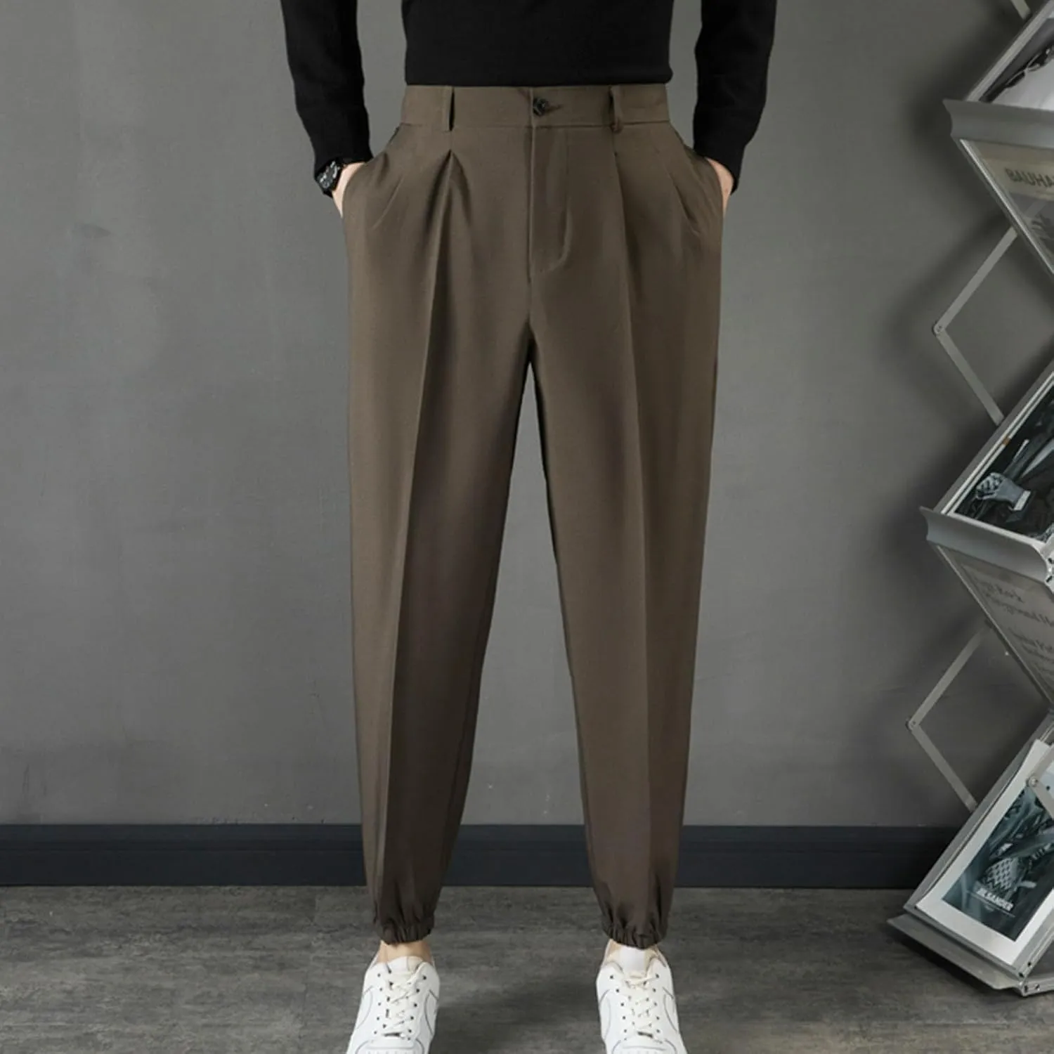 Mens Pants Casual Stylish Elastic Waist Flat Front Dress Suit Pant Loose Lightweight Cinch Bottom Trouser with Pocket