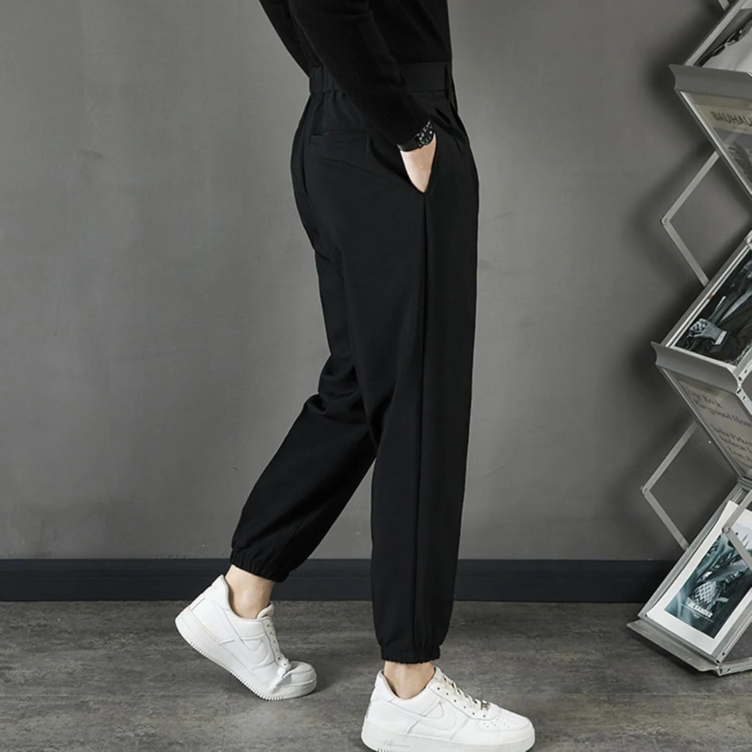 Mens Pants Casual Stylish Elastic Waist Flat Front Dress Suit Pant Loose Lightweight Cinch Bottom Trouser with Pocket