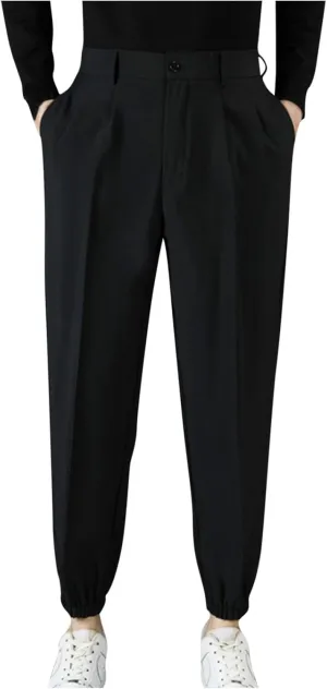 Mens Pants Casual Stylish Elastic Waist Flat Front Dress Suit Pant Loose Lightweight Cinch Bottom Trouser with Pocket