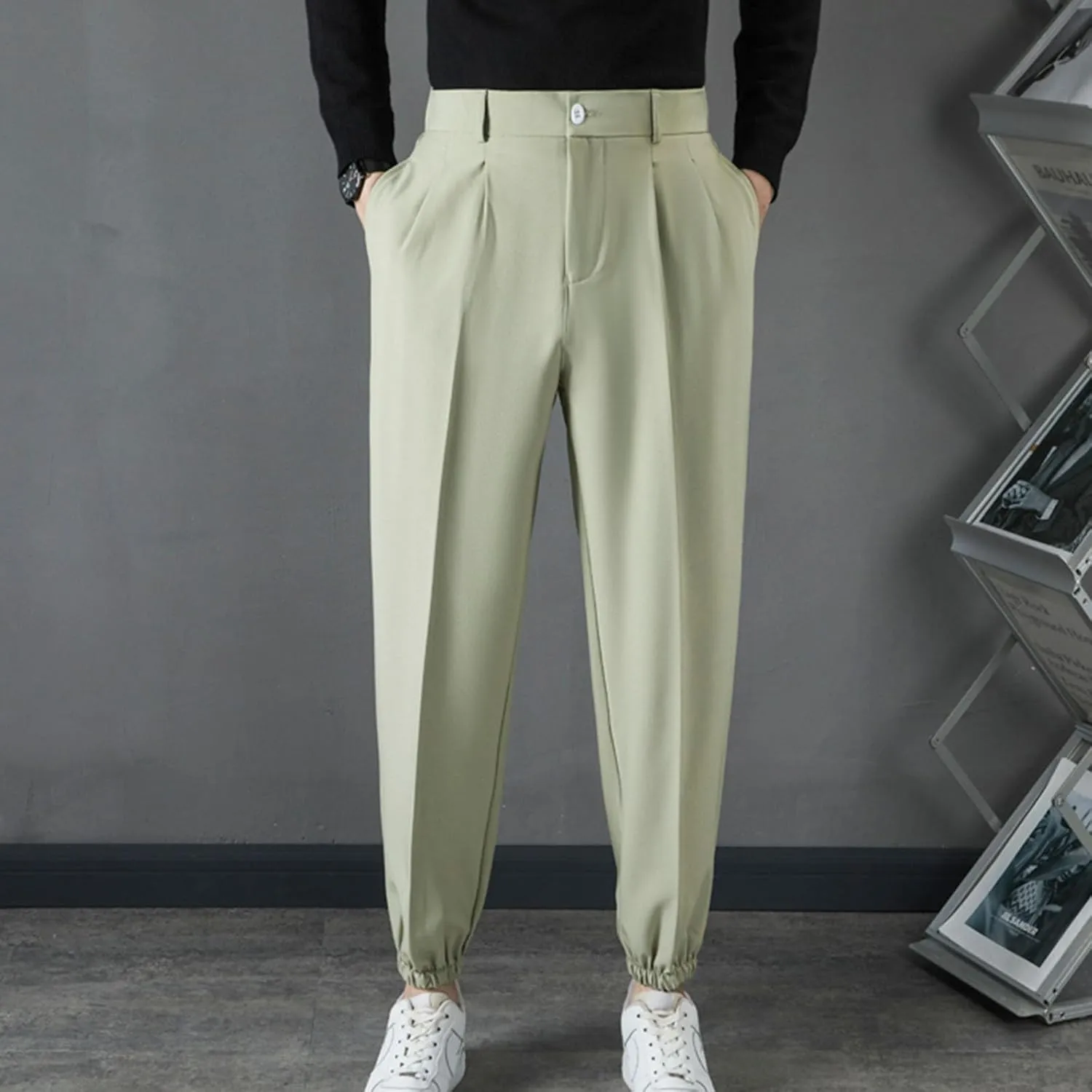 Mens Pants Casual Stylish Elastic Waist Flat Front Dress Suit Pant Loose Lightweight Cinch Bottom Trouser with Pocket