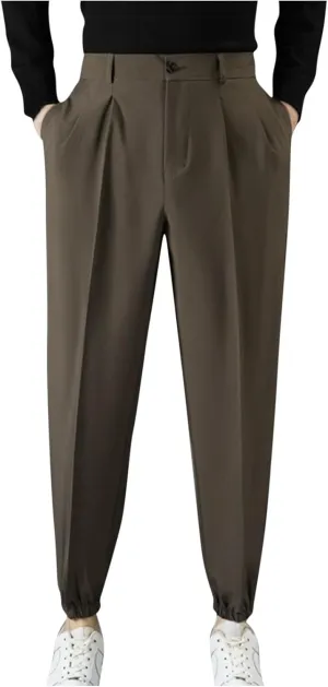 Mens Pants Casual Stylish Elastic Waist Flat Front Dress Suit Pant Loose Lightweight Cinch Bottom Trouser with Pocket
