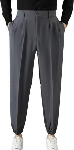 Mens Pants Casual Stylish Elastic Waist Flat Front Dress Suit Pant Loose Lightweight Cinch Bottom Trouser with Pocket