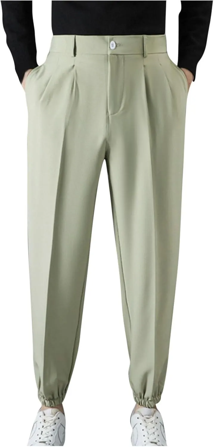Mens Pants Casual Stylish Elastic Waist Flat Front Dress Suit Pant Loose Lightweight Cinch Bottom Trouser with Pocket