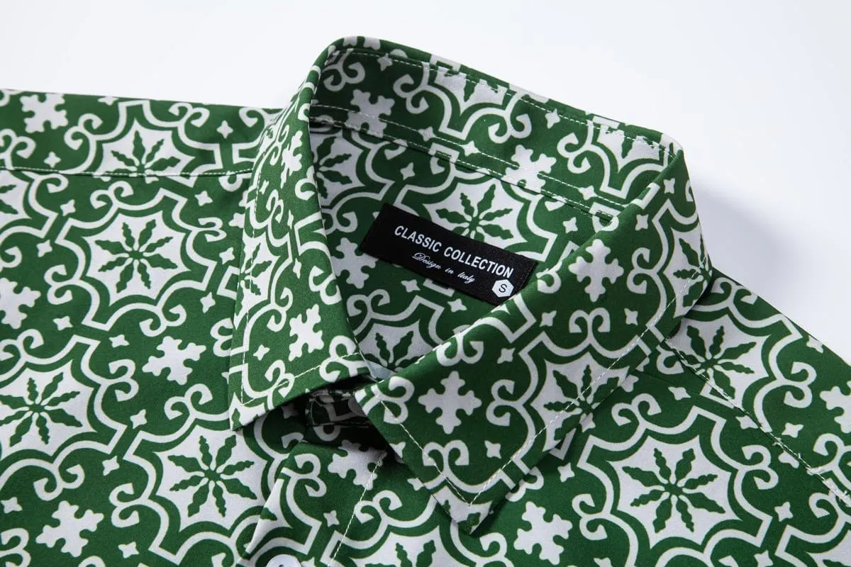Mens Printed Dress Shirts 4-Way Stretch Long Sleeve Wrinkle Free Floral Casual Button Down Shirt